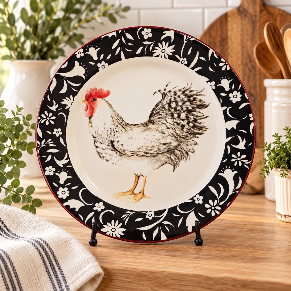 Cracker Barrel Susan Winget Black Floral Rooster Dinner Plate 10.5" Rustic Chic